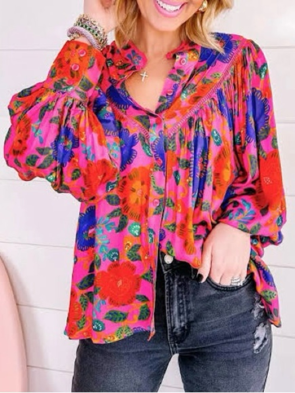Olivaceous Pink Floral Button-Front Blouse with Red & Blue Blooms